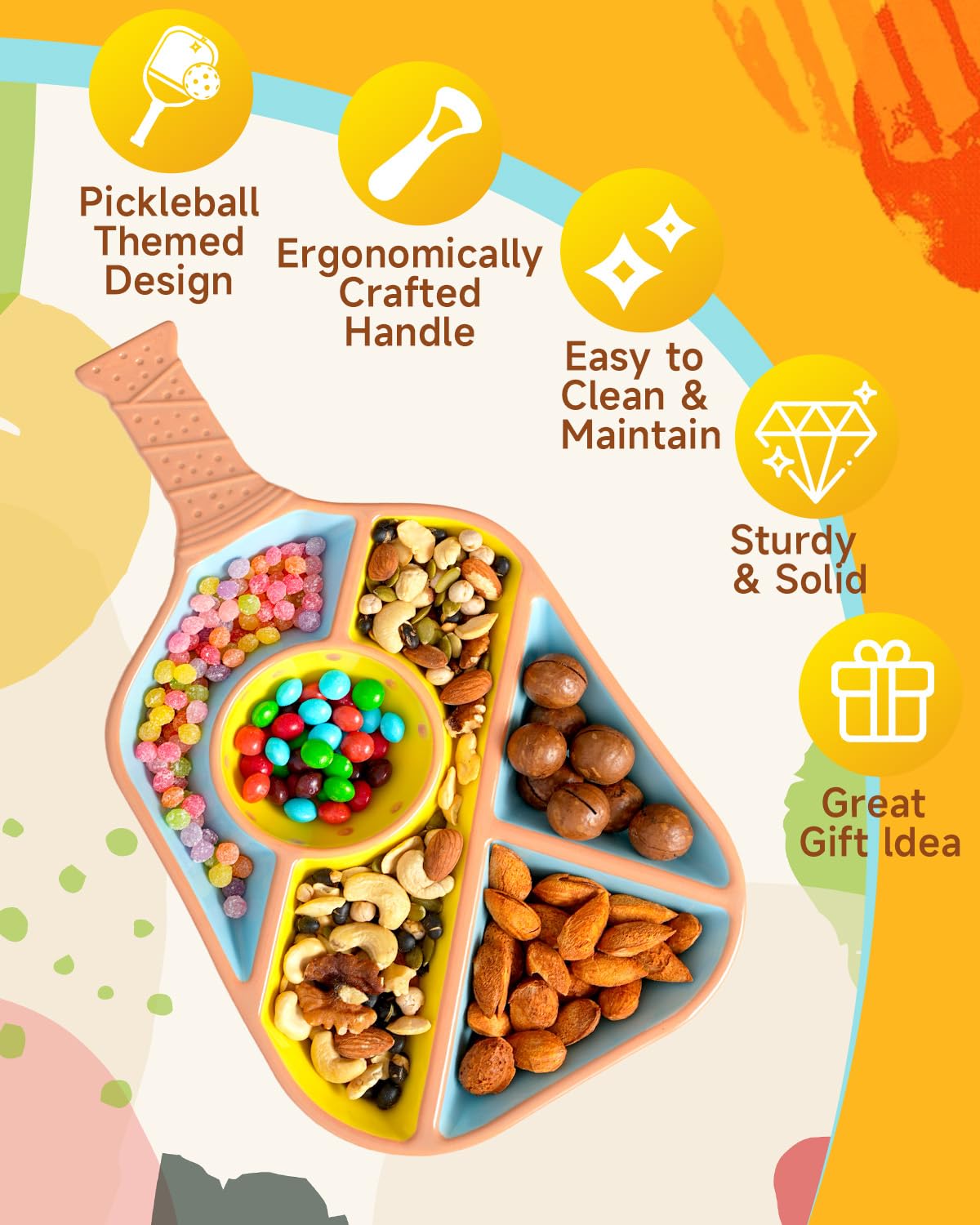 Pickleball Snack Serving Tray - Ceramic Bat Shaped Snack Platter with 5 Compartments & Dip Bowl