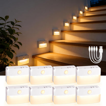 Guankai 8 Pack Motion Sensor Stair Light for Indoor, Battery Operated Closet Lights, Wireless Stick on Anywhere Hallway Lamp, Portable Led Night Lamps for Bedroom Under Cabinet Kitchen
