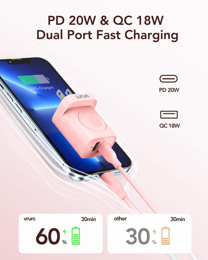 VRURC Fast Charger for Apple Watch, Built-in Wireless Magnetic Charging Station for iWatch SE/11/10/9/8/7/6/5/4, PD 20W USB C Charging Block, Foldable Wall Charger for iPhone 17/16/15/14/13-White