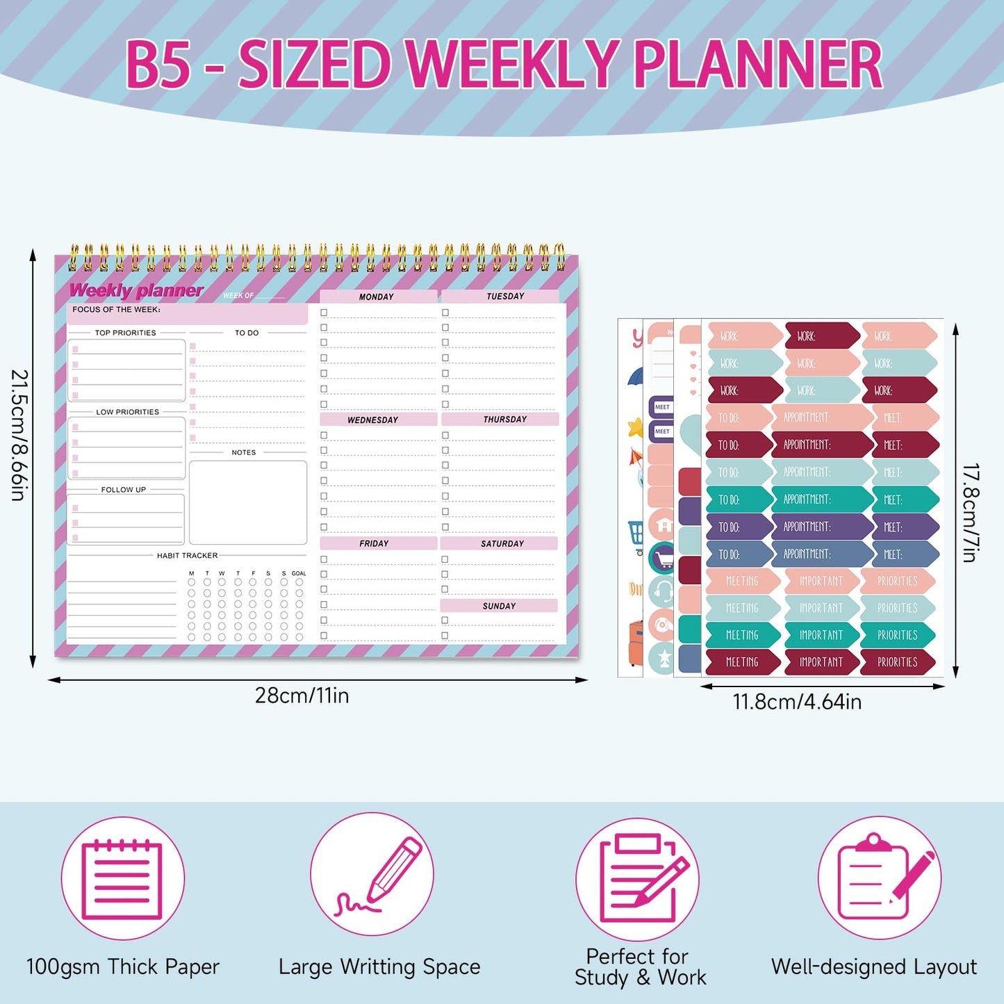 Thboxes Weekly Desk Planner, 8.5x11 In To Do List Notepad, 52 Sheets, Pink | Productivity Organizer, Work from Home Essentials, Undated Tear Off Pages, Office, College, School, Student and Teacher Gifts
