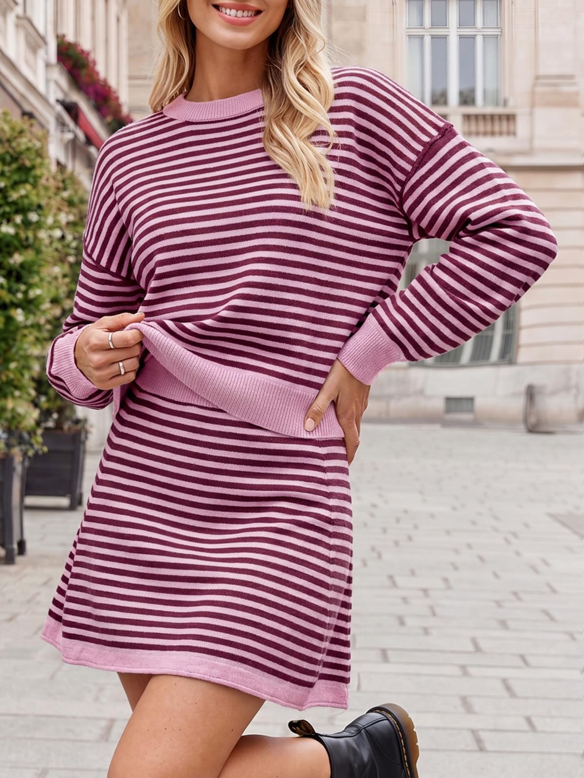 Tankaneo Women 2 Piece Striped Sweater Skirt Set