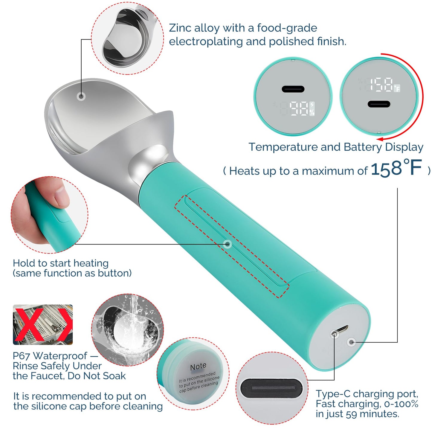 Heated Ice Cream Scoop Rechargeable, Electric Warming Ice Cream Scooper with LED Display, Heats to 158°F for Hard Ice Cream, Easy for Seniors & Kids, IP67 Waterproof (White, 2 oz)
