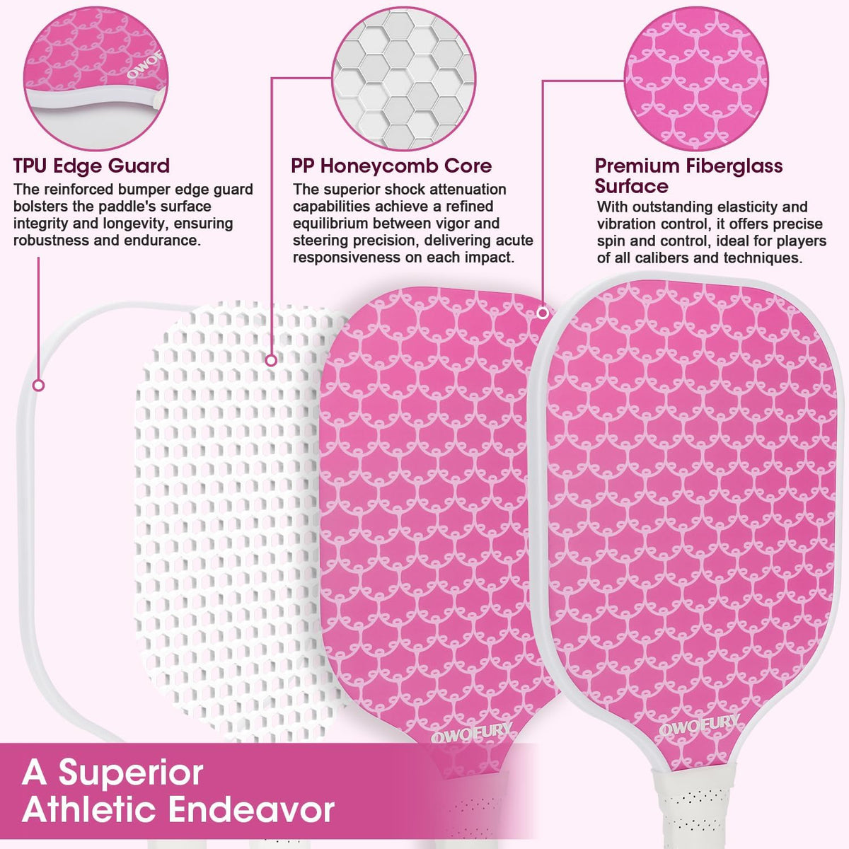 Pickleball Paddles Set of 2 Lightweight Honeycomb Core Pink
