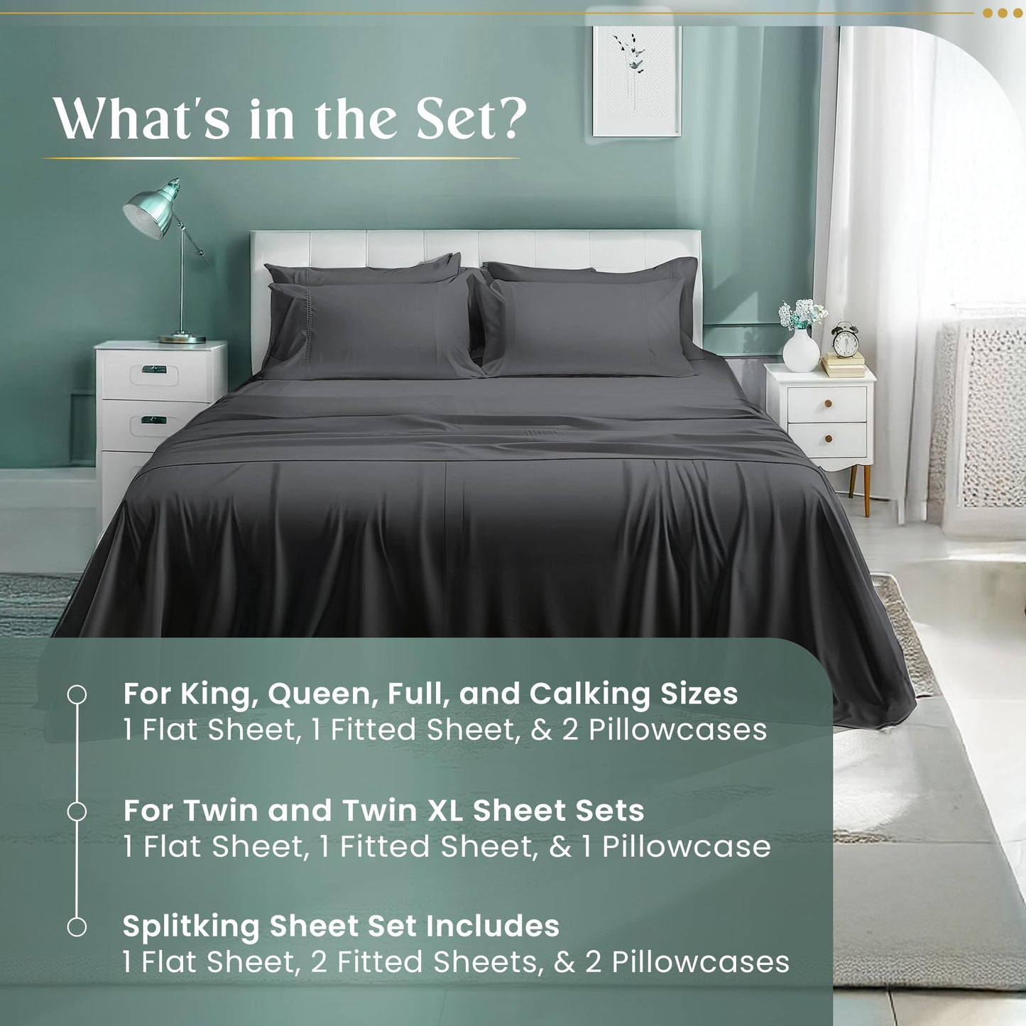 100% Egyptian Cotton Sheets King Size Sheets Set with Fully Elasticated 15" Deep Fitted Sheet & Pillowcase Sets, 800TC Sateen Weave Hotel Collection King Sheet Set, Soft Luxury White Bedding
