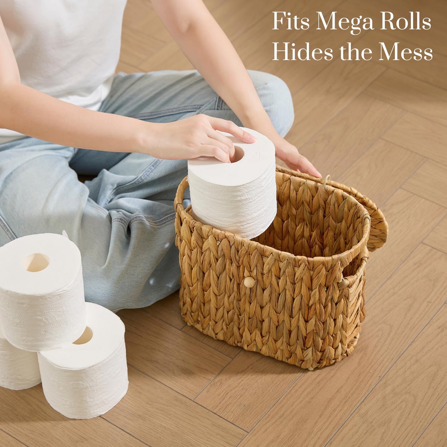 YANGQIHOME Toilet Paper Storage, Water Hyacinth Toilet Paper Storage with Lid, Papers Container for up to 9 Mega Rolls, Bathroom Basket Organizer