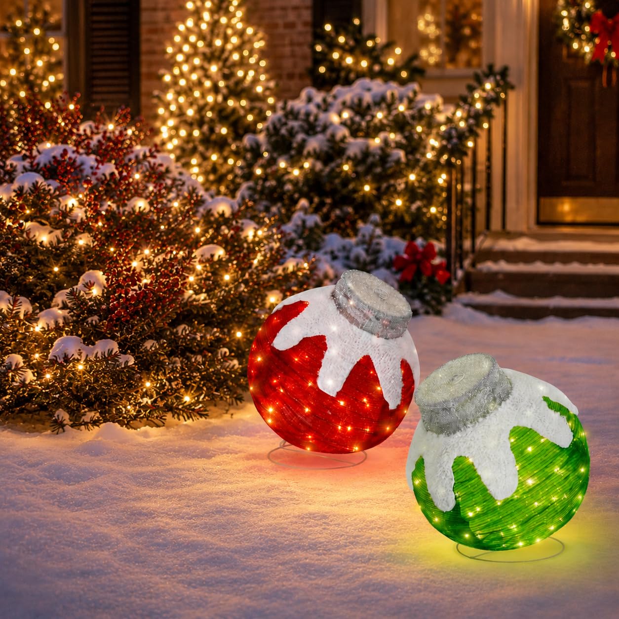 2 Pcs Outdoor Christmas Ornaments, Lighted Pop-Up Holiday Ball Decoration with 160 LED Lights, 8 Light Functions, Lighted Collapsible Christmas Outdoor Decorations for Yard, Patio, Home