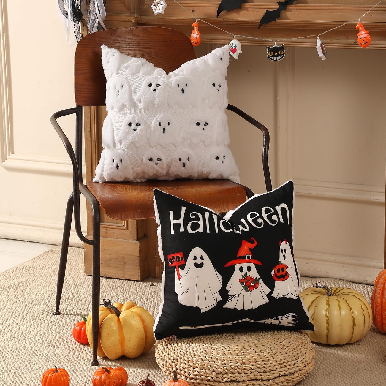 TOYPOPOR Halloween Decorations, 2 Packs Double Sided Ghost Pillow Covers, Soft Fur Throw Pillow Cases Indoor outdoor Pumpkin Couch Cushion Case for Fall Autumn Bedroom Living Room Home Decor 18''x18''