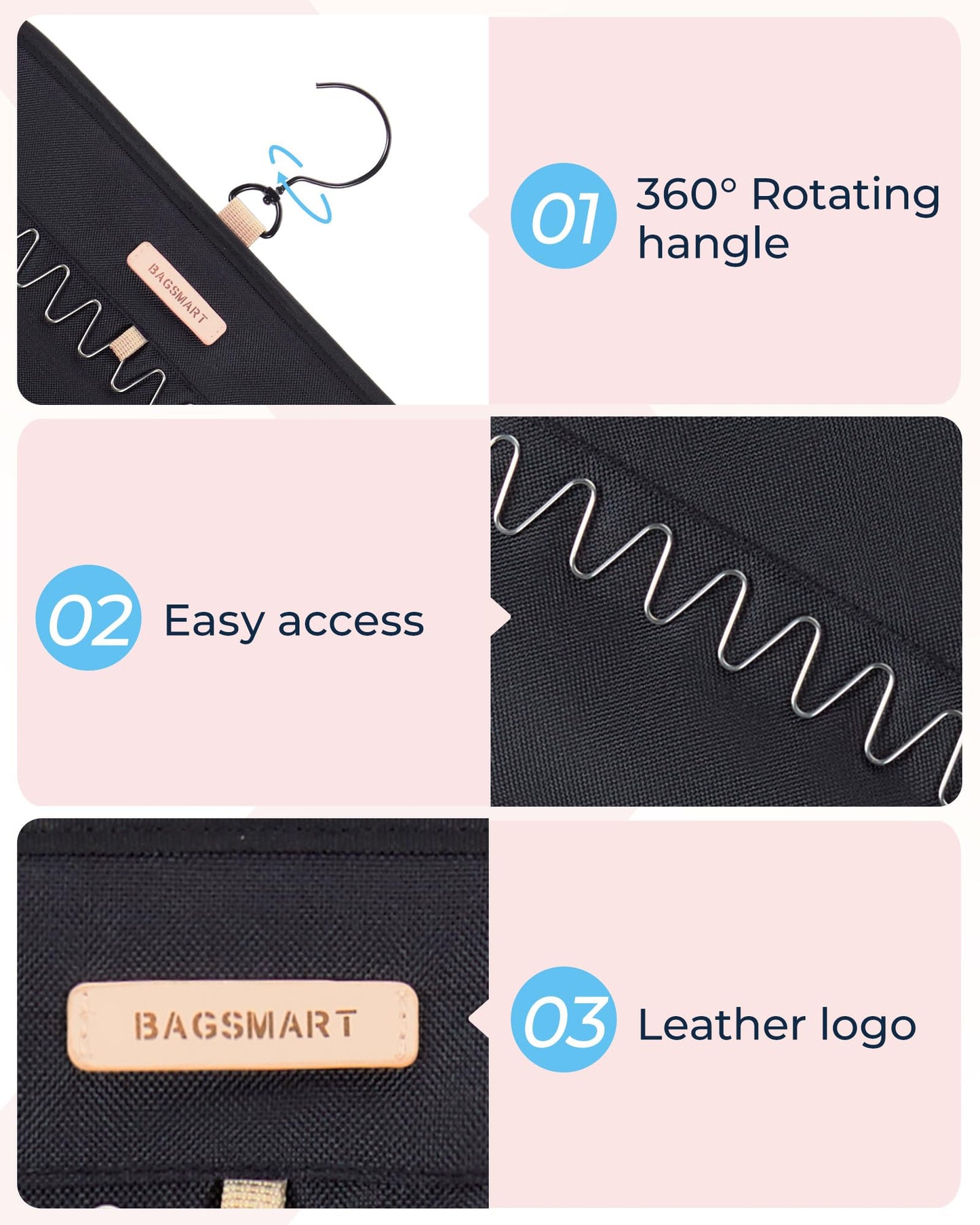 BAGSMART Hanging Jewelry Organizer Storage Roll with Hanger Metal Hooks Double-Sided Jewelry Holder for Earrings, Necklaces, Rings on Closet, Wall, Door, 1 piece, Medium, Pink