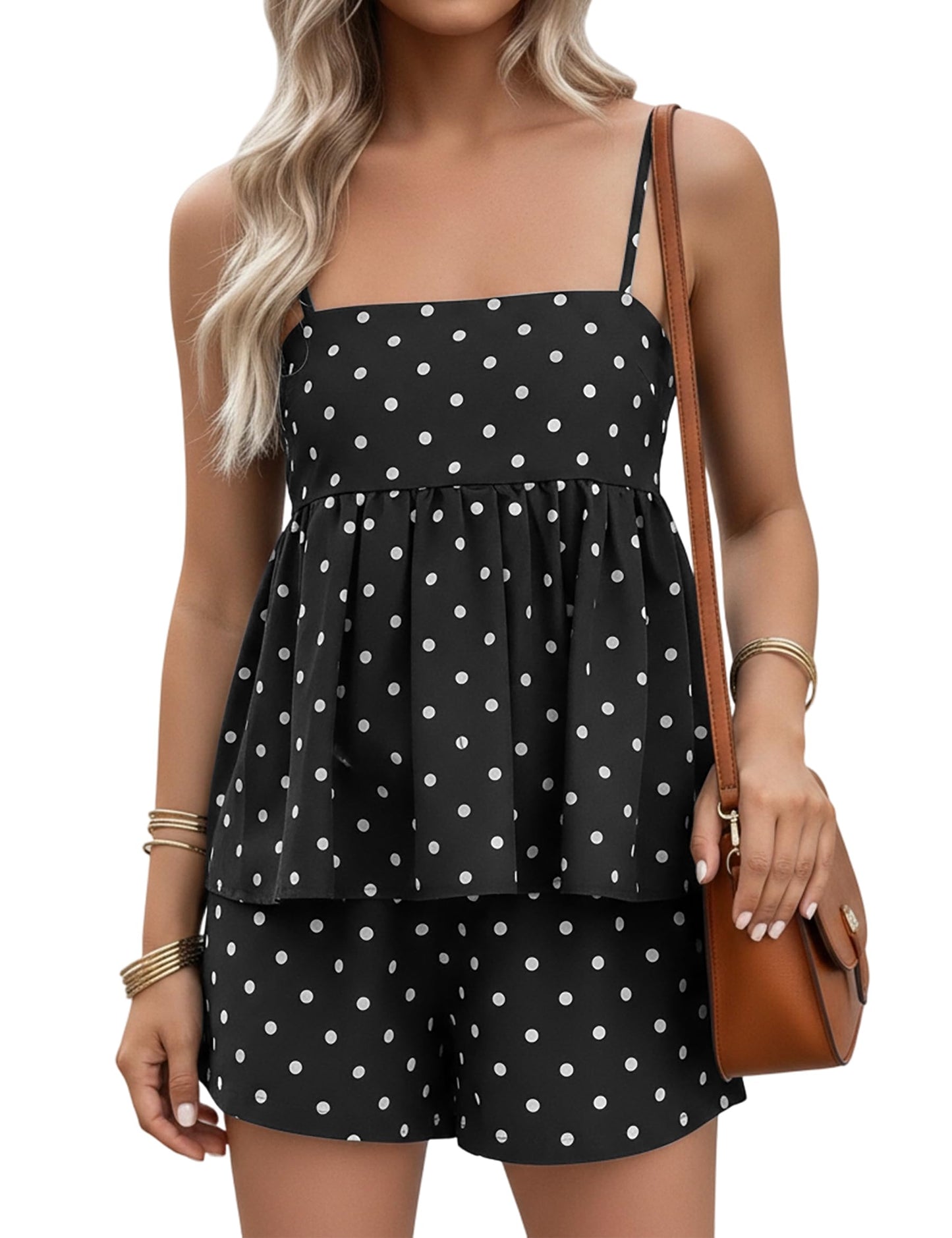 FOMELY Women's Polka Dot 2 Piece Short Set with Pockets
