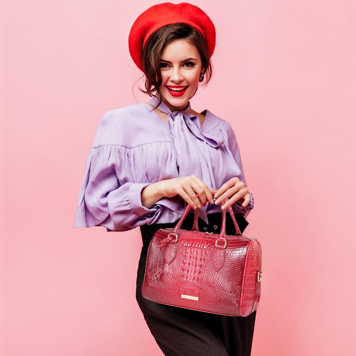Makcr Joacbv Crocodile Handbag for Women Top Handle Leather Shoulder Purse | Glossy crocodile-embossed vegan leather with rolled handles, buckle details, a structured dome shape, and adjustable strap.