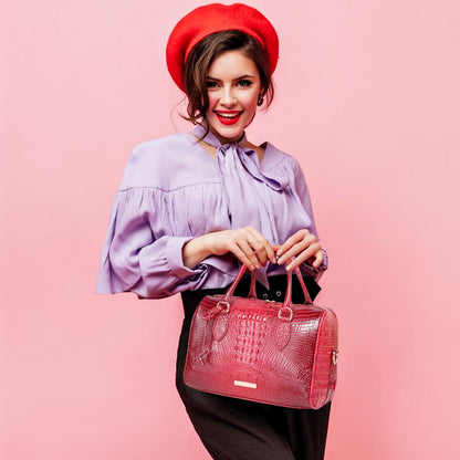 Makcr Joacbv Crocodile Handbag for Women Top Handle Leather Shoulder Purse | Glossy crocodile-embossed vegan leather with rolled handles, buckle details, a structured dome shape, and adjustable strap.