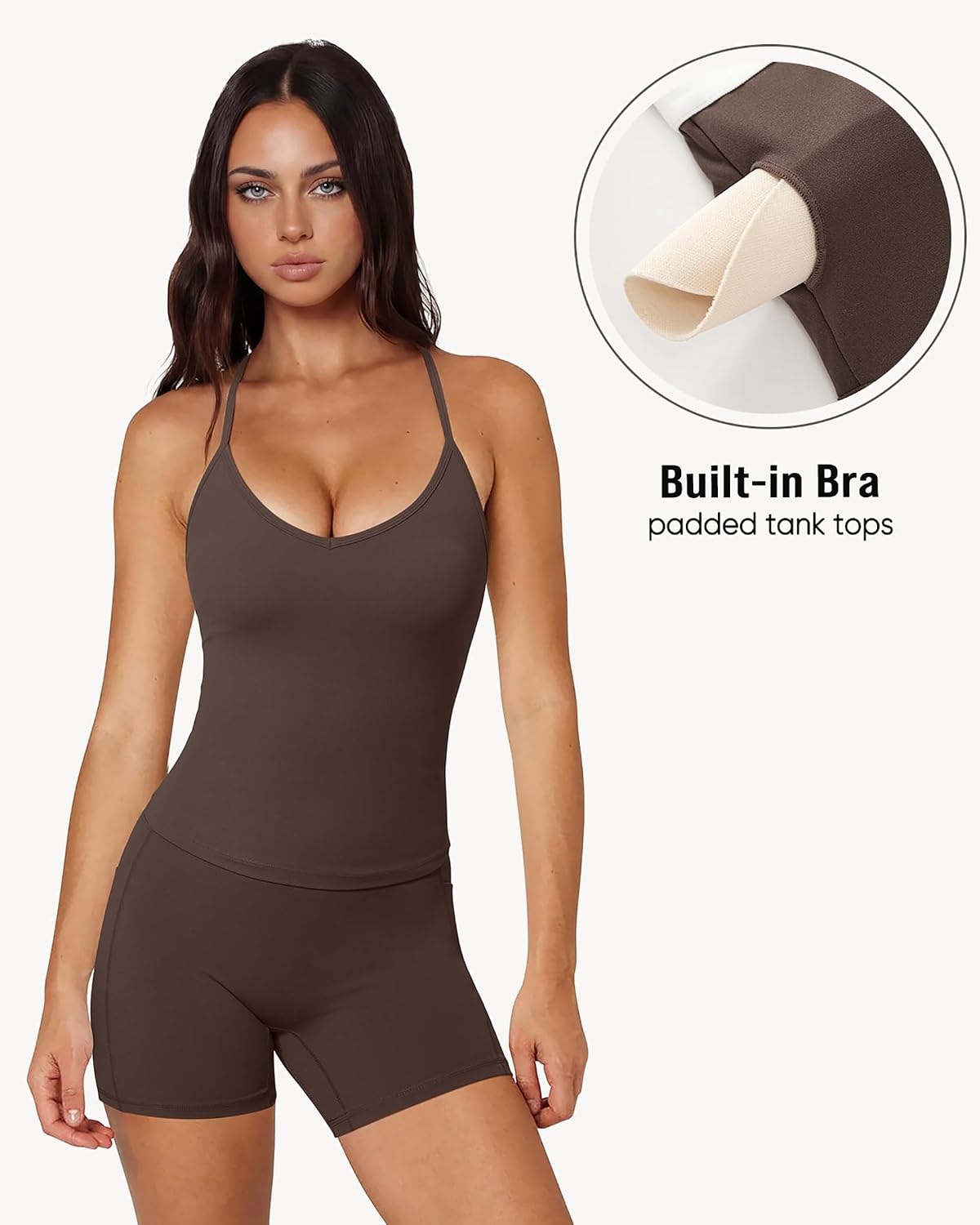 OMKAGI Racerback Workout Tops for Women Built in Bra Cute Open Back V Neck Longline Sports Bra Top