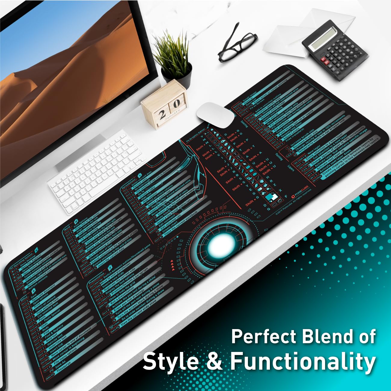 Pixiecube Excel Cheat Sheet Desk Pad | Excel Shortcut Keys Mouse Pad | Extended Large XL Gaming Mousepad | PC Office Spreadsheet Keyboard Mat | Non-Slip Stitched Edge