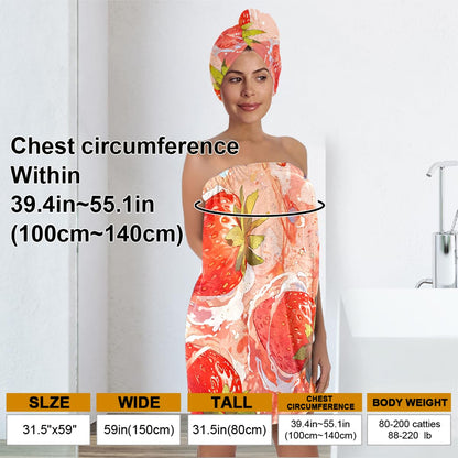 Strawberry Print Bath Wrap and Hair Drying Towel Set – Microfiber Quick Dry Shower Body Wrap for Women, Absorbent Spa Skirt with Elastic Band and Cute Bow Design (Strawberry 1)