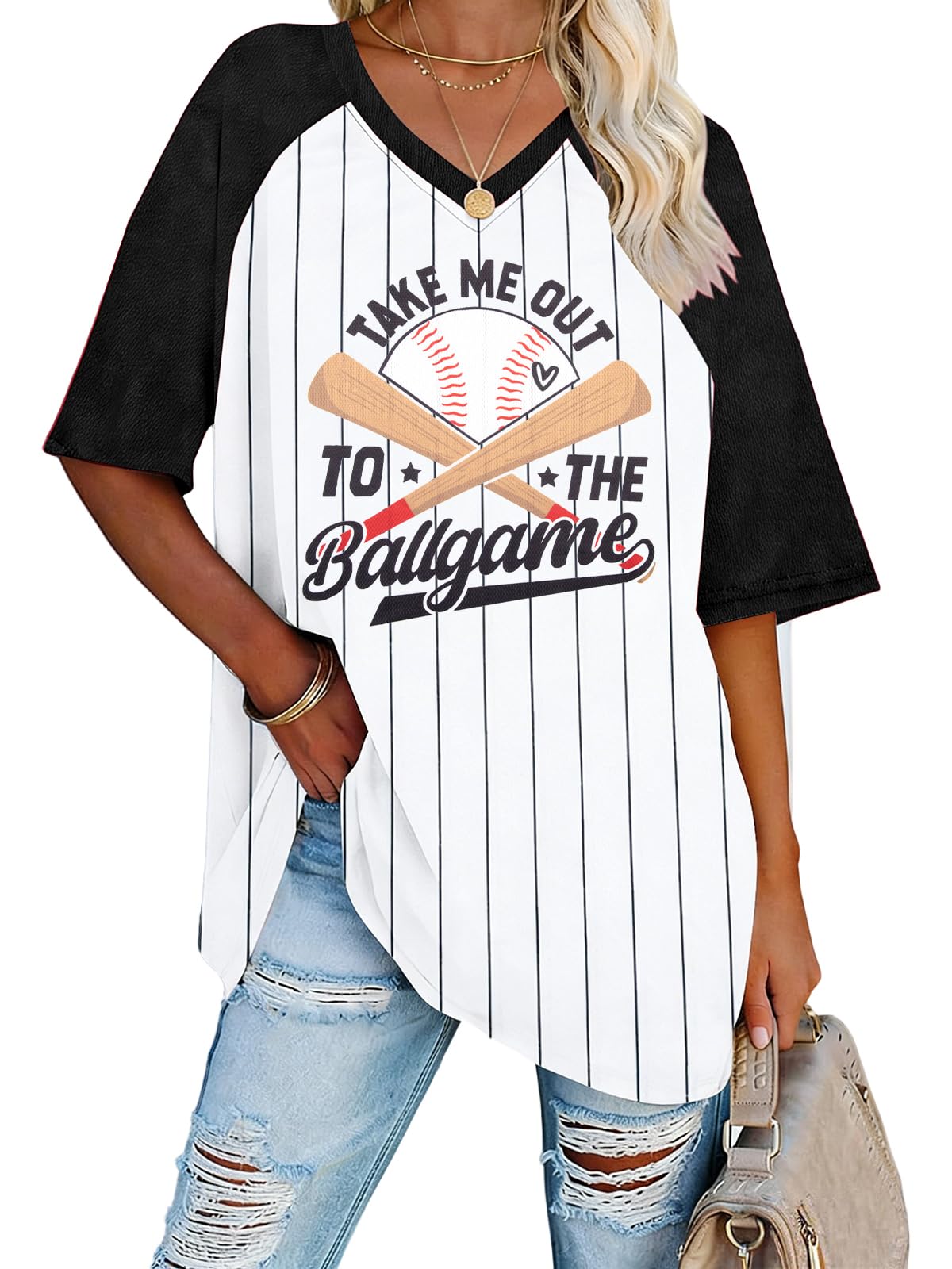 Baseball Mom Shirts for Women V Neck Baseball Stripe Outfits