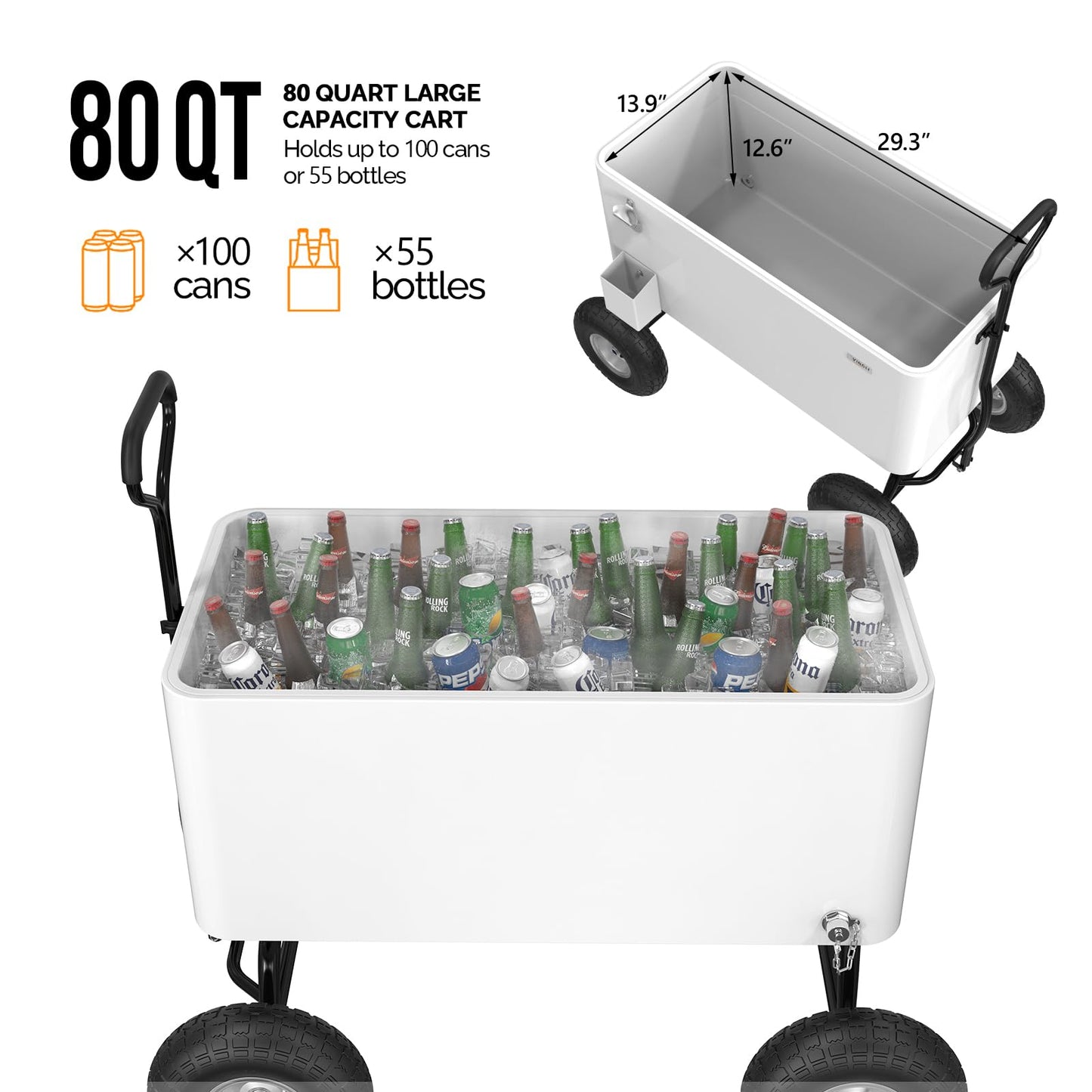 VINGLI 80 Quart Wagon Rolling Cooler Ice Chest, w/Long Handle and 10" Wheels, Portable Beach Patio Party Bar Cold Drink Beverage, Outdoor Park Cart on Wheels