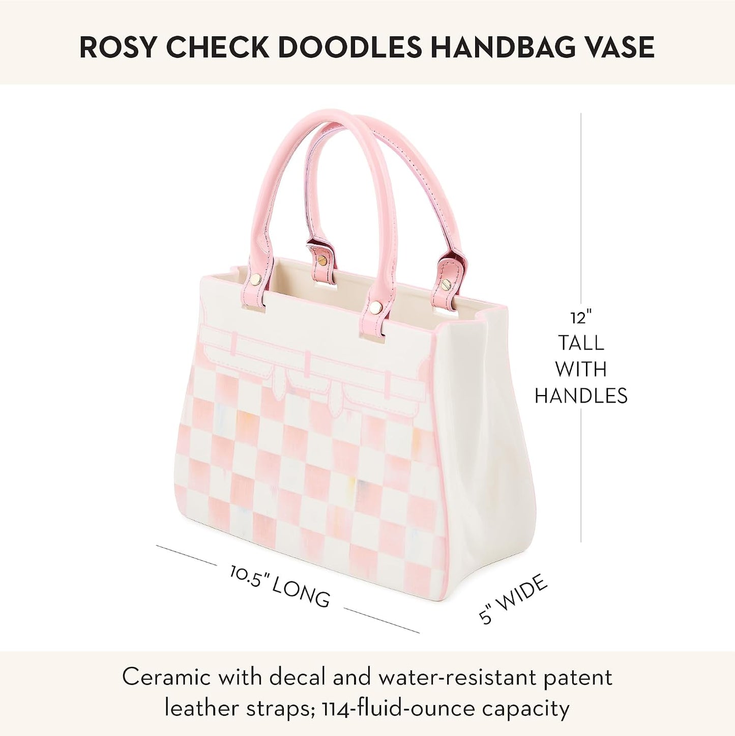 MACKENZIE-CHILDS Ceramic Handbag Vase, Pink-and-White Rosy Check Doodles | Hand-painted design, unique flower vase decor, bouquet holder for living room, 5" W x 10.5" L x 12" H