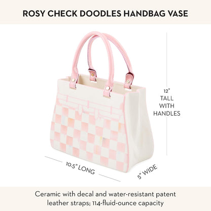 MACKENZIE-CHILDS Ceramic Handbag Vase, Pink-and-White Rosy Check Doodles | Hand-painted design, unique flower vase decor, bouquet holder for living room, 5" W x 10.5" L x 12" H