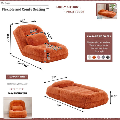 Upholstered Convertible Lounge Chair with 2 Soft Pillows