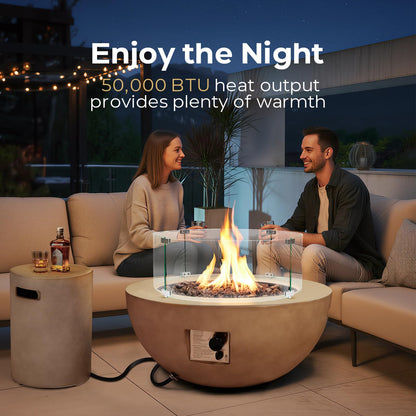 31.5 Inch Round Propane Fire Pit Table - Concrete Round Fire Bowl 50,000 BTU Natural Gas Firepit Burner with Steel Lid, Lava Rocks, Waterproof Cover for Outside Patio, Backyard, Party