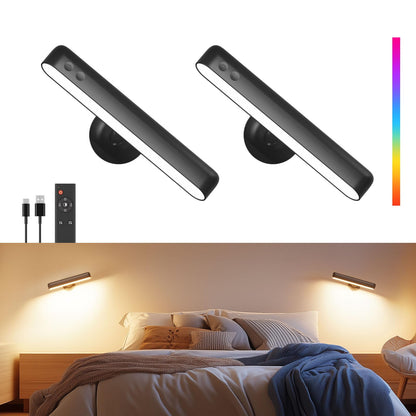 PopoIron Wall Sconce with 7500mAh Rechargeable Battery LED Wall Light for Bedroom with Remote Control, 3 Colors Wireless Wall Lamp 360° Rotation Dimmable Brightness with 15 RGB Colors,Black,1 Pack