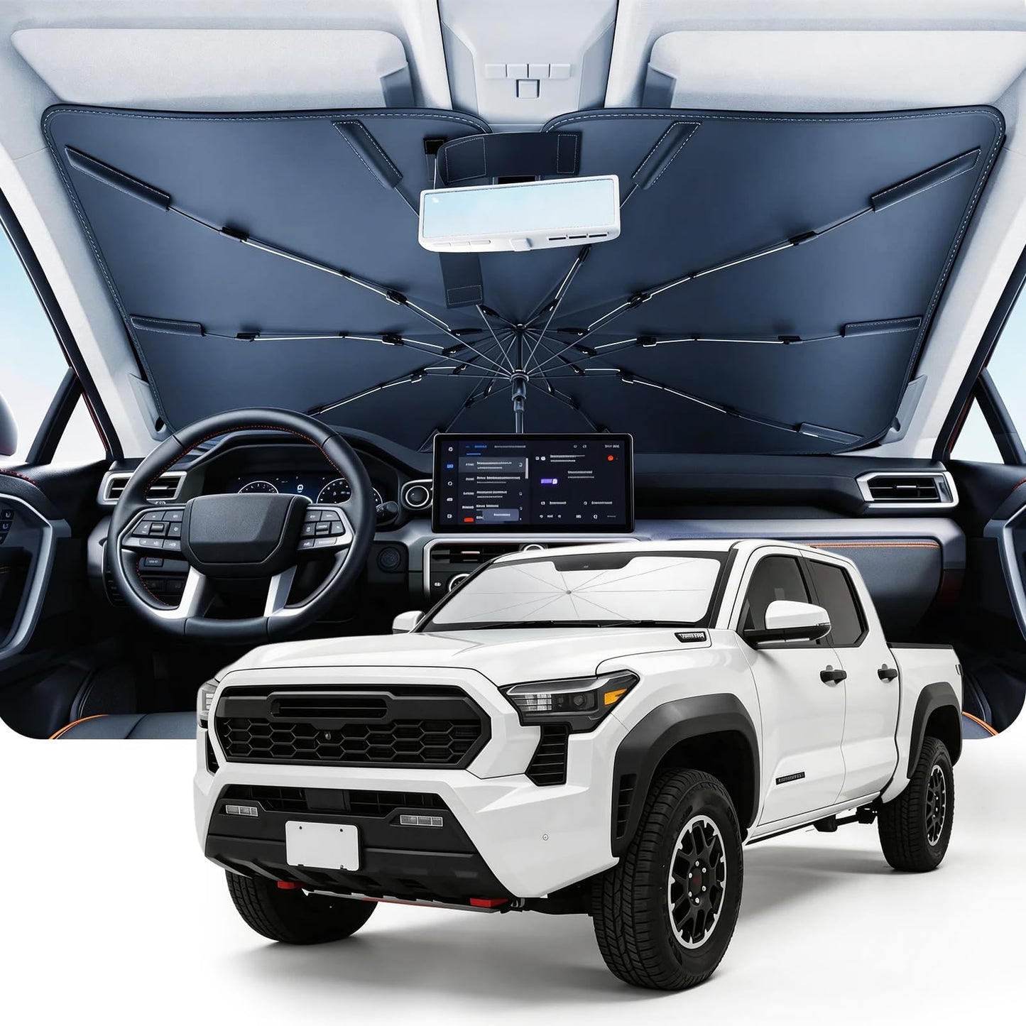 DMJN Umbrella Windshield Sun Shade - Medium, Car Sunshade for Front Windshield [Nano Ice-Crystal Coatings] UPF50+ Heat & UV Block, Protect Interior & Keep Cooler Universal for Car, SUV, Truck