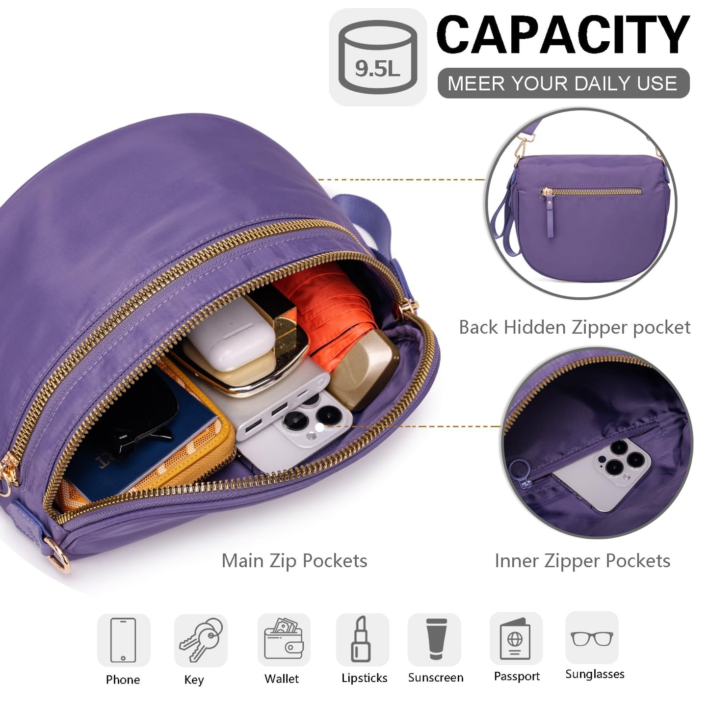 Pure Colour Crossbody Bum Bags for Women Spacious Checkered Cross body Bag Nylon Trendy Fanny Pack for Travel