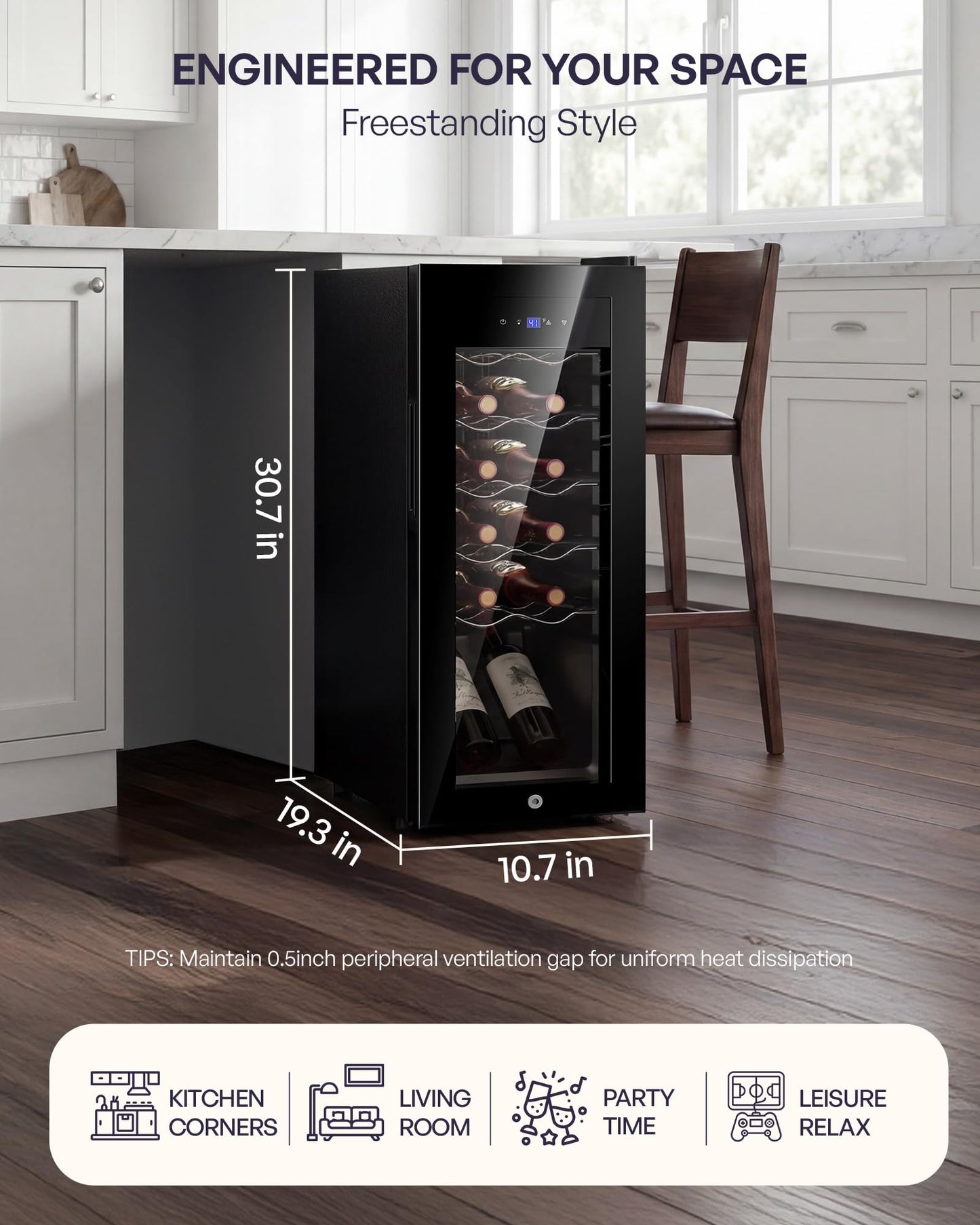 Icyglee 25 Bottle Compressor Wine Cooler Refrigerator, Freestanding Wine Cellar with 41-64°F Adjust Temp & Double-layer Glass Door for Red and White, Wine Cooler for Home Bar, Black