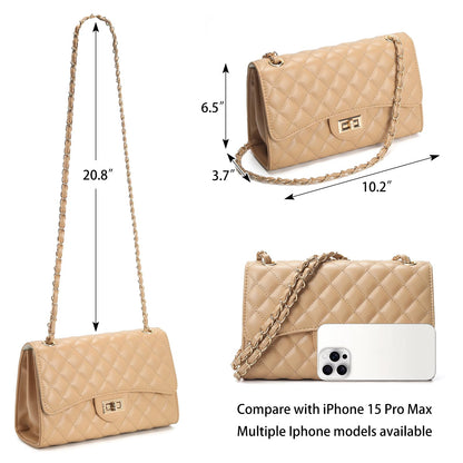 Quilted Leather Crossbody Bags for Women Trendy Ladies Shoulder Purse Satchel HandBag with Chain Strap