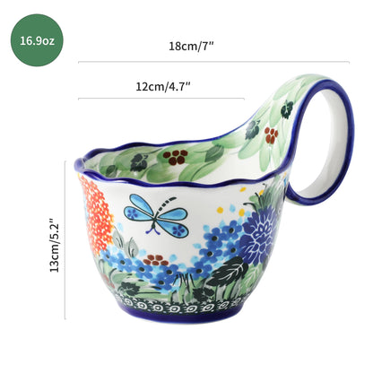 ALMA Handpainted Microwavable Soup Bowl with Loop Handle 18.6oz, Cereal Bowl With Handle Great for Berry, Fruits, Chili, Stew, Ice cream,Floral Soup Mug for Women