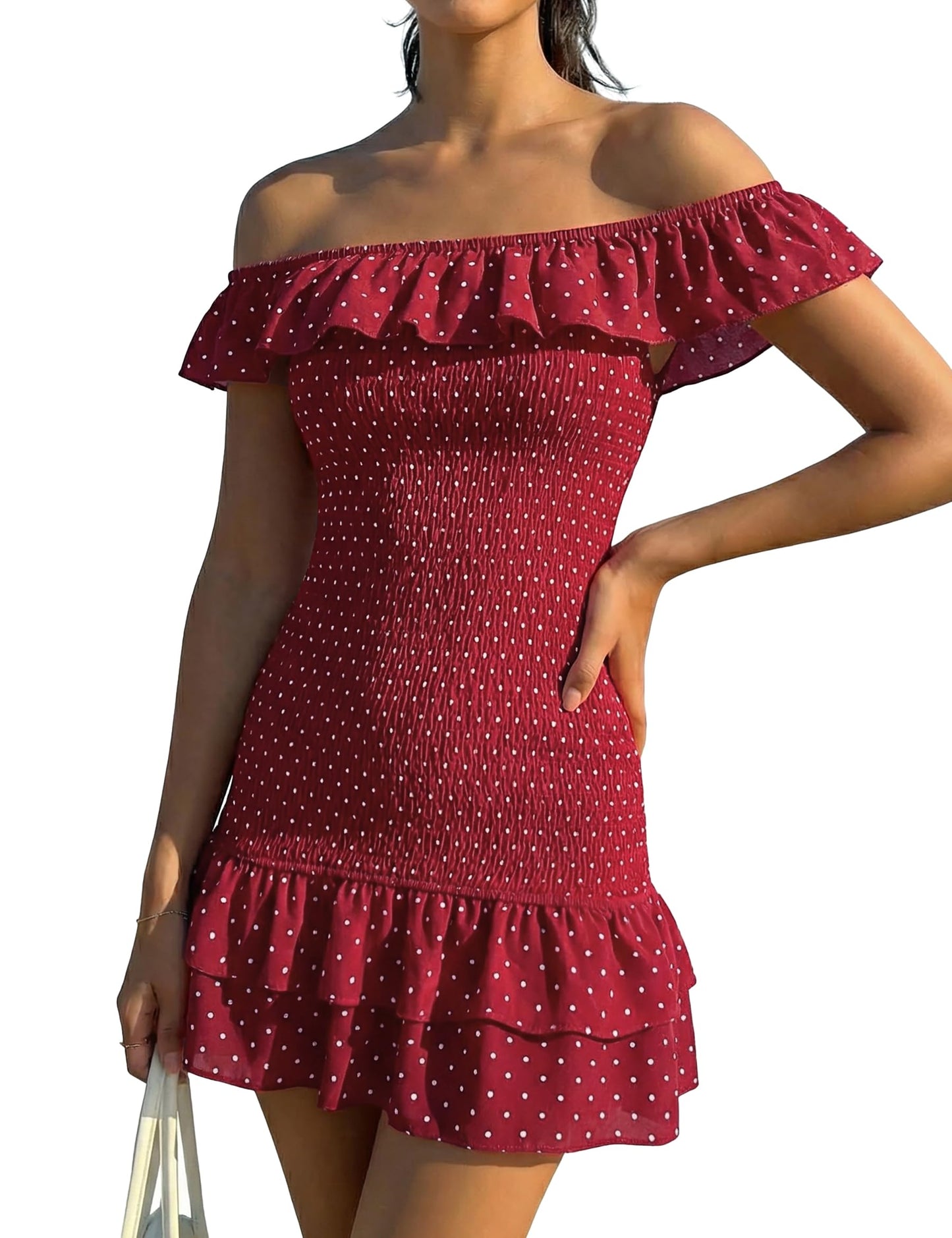 FOMELY Women's Polka Dot Off Shoulder Mini Dress Summer Ruffle Hem Smocked Bodycon Vacation Short Dresses 2026