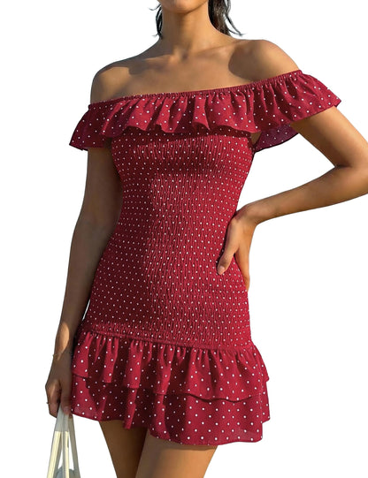 FOMELY Women's Polka Dot Off Shoulder Mini Dress Summer Ruffle Hem Smocked Bodycon Vacation Short Dresses 2026