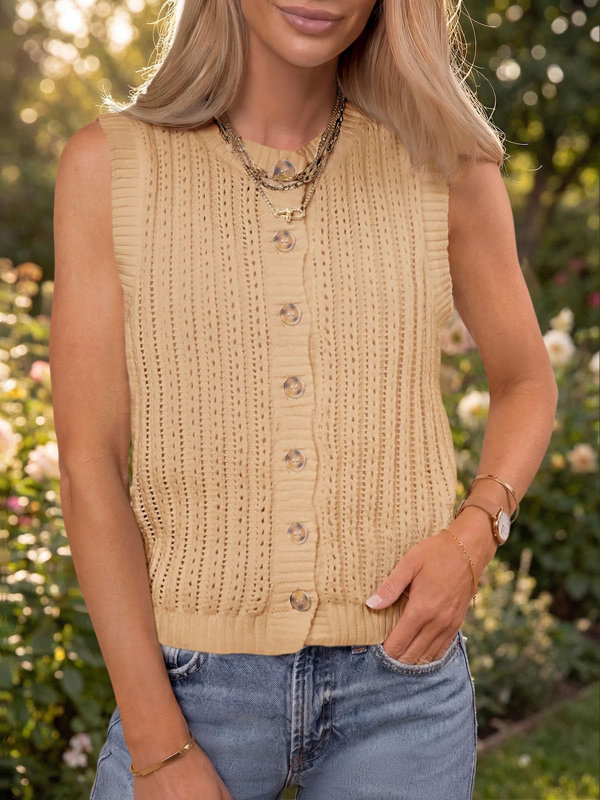 Saodimallsu Womens Sleeveless Sweater Vest Button Down Crochet Cardigan | Sweater Vest,Crochet,Summer Knit Tank Top,Sleeveless,Trendy Going Out Tops