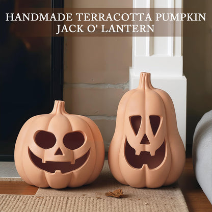 Tioncy 2 Pack Fall Decor Halloween Decorations Terracotta Pumpkin Decoration Handmade Clay Pumpkin Jack-o-Lantern Halloween Tealight Holder Rustic Farmhouse Fall Home Decor for Table(Orange)