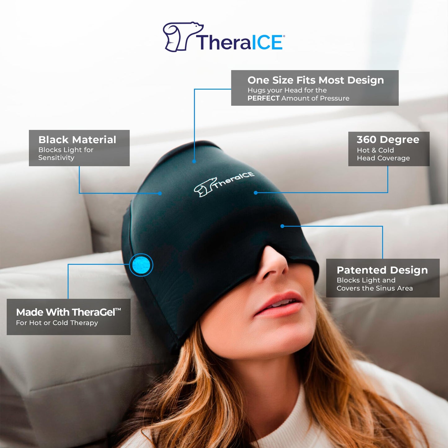 TheraICE Headache Relief Cap, Migraine Ice Pack Mask Products, Women Cooling Gel Hat, Face Cold Compress Head Wrap for Her Stress. Great Birthday Gift for Mom, Sister, Grandma, Girlfriend, & Teacher