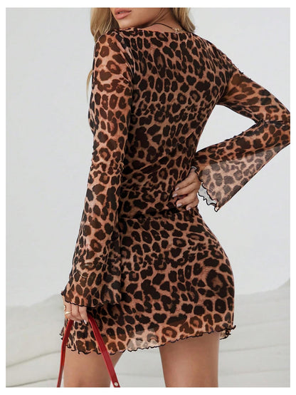 Milumia Women's Leopard Mini Dress Y2k Bell Long Sleeve Going Out Dresses