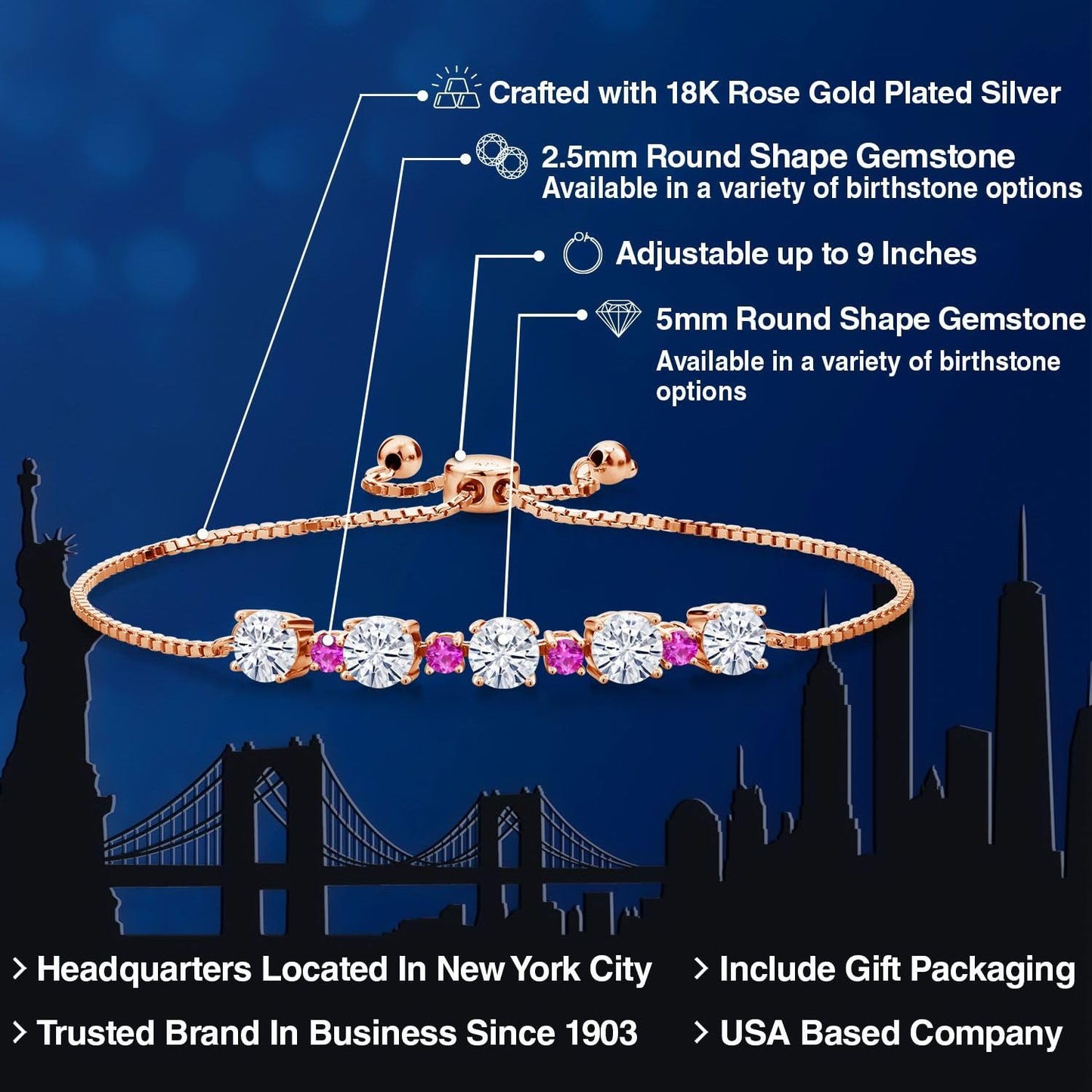 Gem Stone King Gemstone Birthstone and Pink Sapphire Tennis Bracelet 18K Rose Gold Plated Silver | Round 5MM and 2.5MM | Adjustable Bolo Design | Easy-On Easy-Off