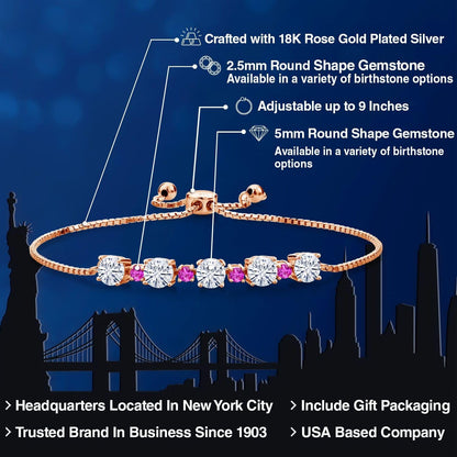 Gem Stone King Gemstone Birthstone and Pink Sapphire Tennis Bracelet 18K Rose Gold Plated Silver | Round 5MM and 2.5MM | Adjustable Bolo Design | Easy-On Easy-Off