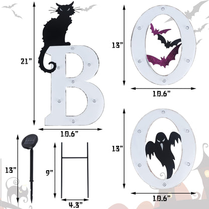 Prsildan 3 Pack Halloween Decorations Outdoor Solar Lighted Boo Yard Sign | Waterproof Metal Lawn Stakes, Solar-Powered, Bats, Cat & Ghost, For Front Yard, Porch, Garden, Spooky Halloween Party Decor