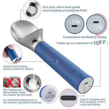 Heated Ice Cream Scoop Rechargeable, Electric Warming Ice Cream Scooper with LED Display, Heats to 158°F for Hard Ice Cream, Easy for Seniors & Kids, IP67 Waterproof (White, 2 oz)