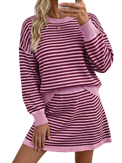 Tankaneo Women 2 Piece Striped Sweater Skirt Set