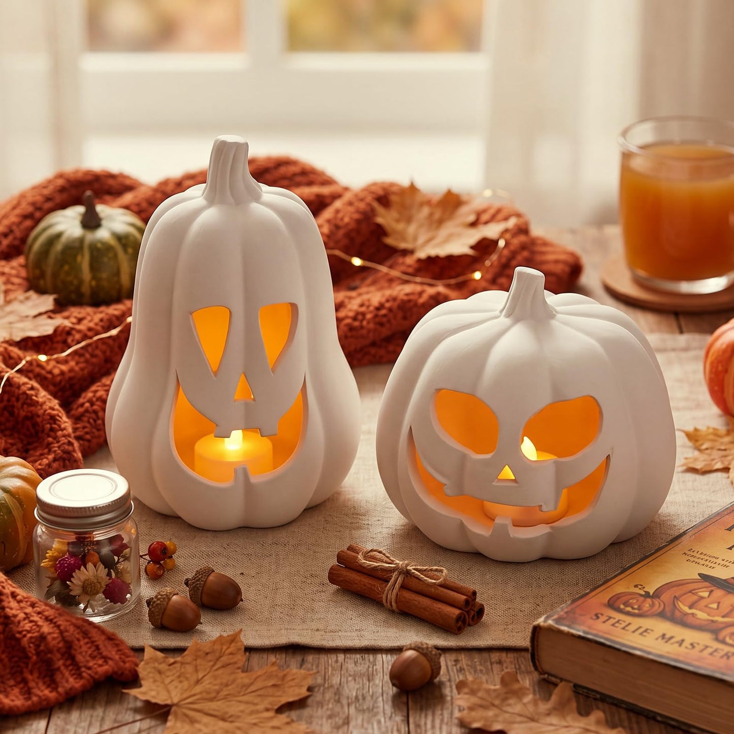 Tioncy 2 Pack Fall Decor Halloween Decorations Terracotta Pumpkin Decoration Handmade Clay Pumpkin Jack-o-Lantern Halloween Tealight Holder Rustic Farmhouse Fall Home Decor for Table(Orange)