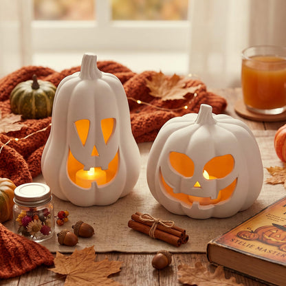 Tioncy 2 Pack Fall Decor Halloween Decorations Terracotta Pumpkin Decoration Handmade Clay Pumpkin Jack-o-Lantern Halloween Tealight Holder Rustic Farmhouse Fall Home Decor for Table(Orange)
