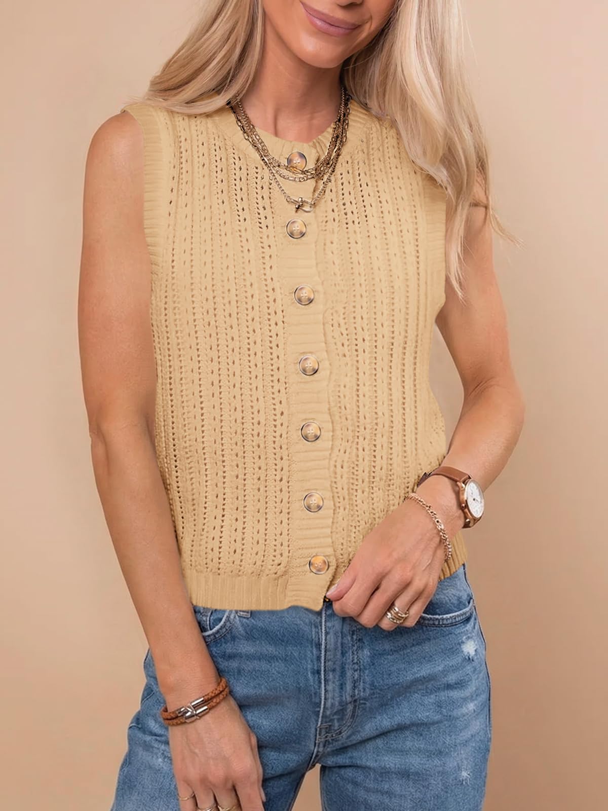 Saodimallsu Womens Sleeveless Sweater Vest Button Down Crochet Cardigan | Sweater Vest,Crochet,Summer Knit Tank Top,Sleeveless,Trendy Going Out Tops