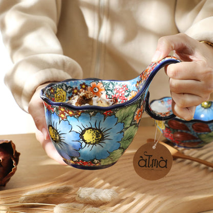 ALMA Handpainted Microwavable Soup Bowl with Loop Handle 18.6oz, Cereal Bowl With Handle Great for Berry, Fruits, Chili, Stew, Ice cream,Floral Soup Mug for Women