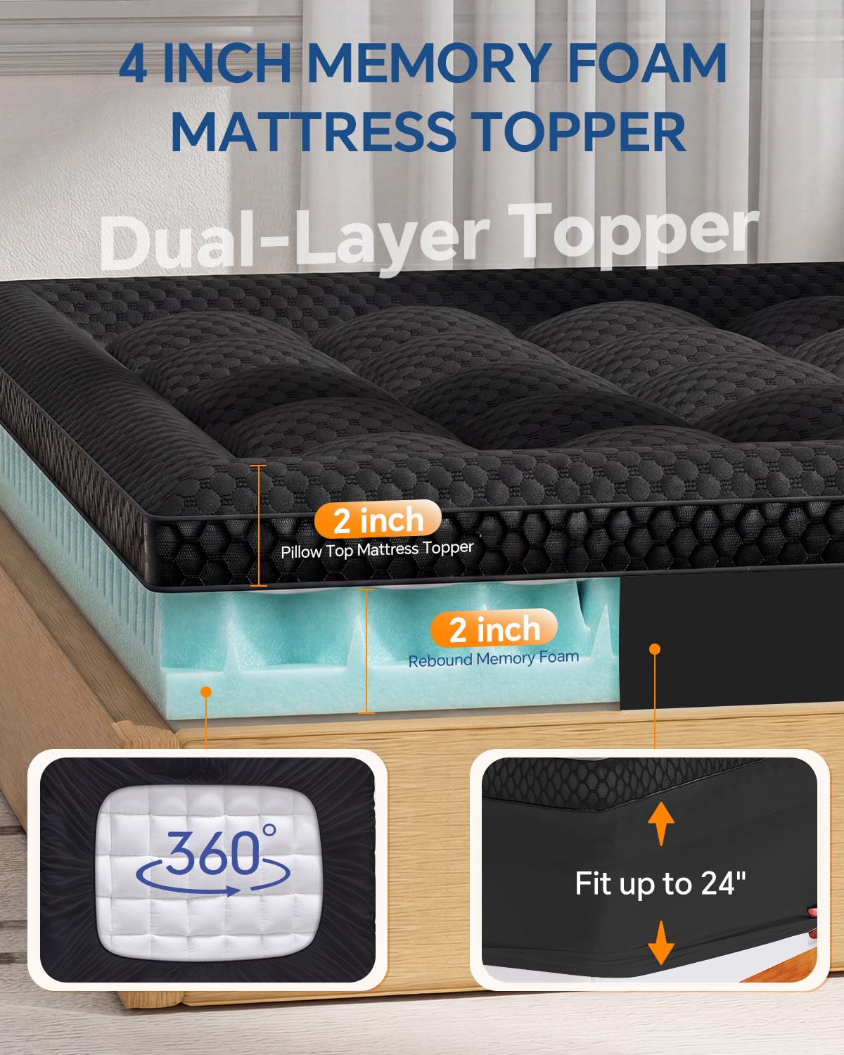 BEDELITE Dorm Room Essentials, Dual Layer 4 Inch Twin XL Memory Foam Mattress Topper for College Students Back to School, 2 Inch Pillow Top Mattress Pad and 2 Inch Cooling Gel Foam for Pressure Relief