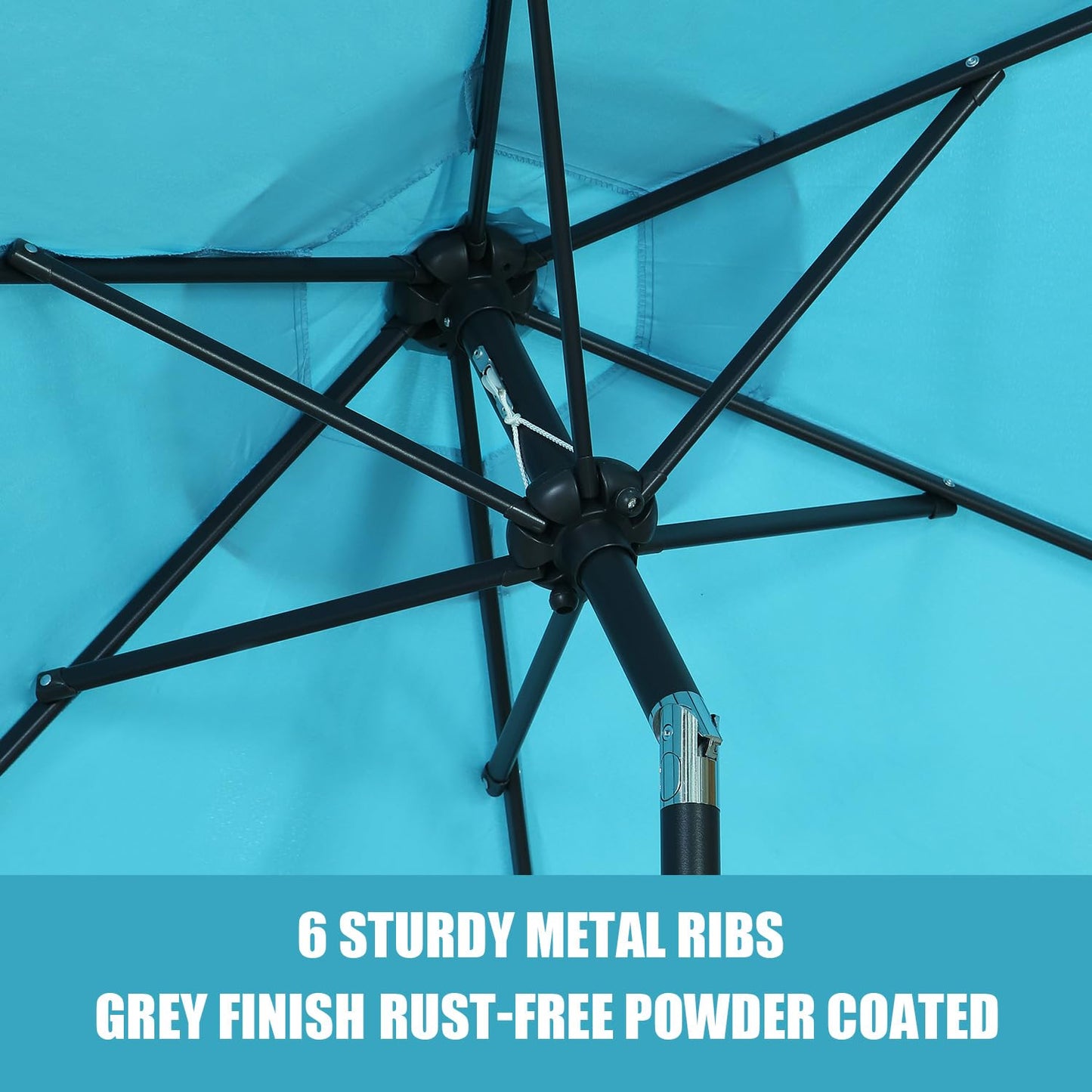 GDY 7.5ft Tassel Patio Umbrella and Matching Base, Outdoor Table Umbrella with 18 LED Lights,Market Umbrella with 6 Sturdy Ribs, with Push Button Tilt and Crank, Bright White