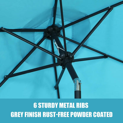 GDY 7.5ft Tassel Patio Umbrella and Matching Base, Outdoor Table Umbrella with 18 LED Lights,Market Umbrella with 6 Sturdy Ribs, with Push Button Tilt and Crank, Bright White
