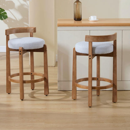 LukeAlon Mid Century Linen Counter Stools Set of 4, Upholstered 26.5” Seat Height Low Barstools with Natural Wood Legs Round Low Back Kitchen Stools with Footrest for Dining Room, Beige