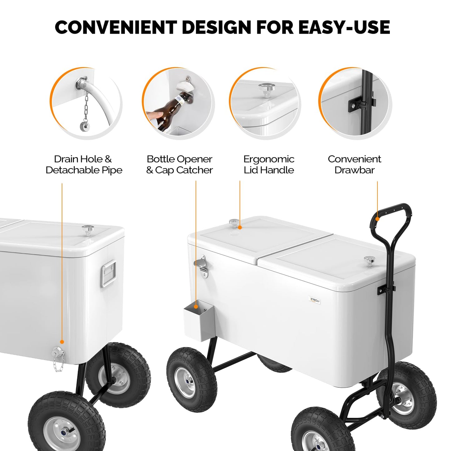 VINGLI 80 Quart Wagon Rolling Cooler Ice Chest, w/Long Handle and 10" Wheels, Portable Beach Patio Party Bar Cold Drink Beverage, Outdoor Park Cart on Wheels